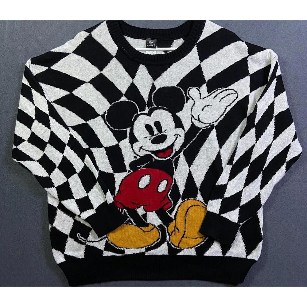 Disney Mickey Mouse Women’s XXL Checkerboard Sweater B&W Graphic Pullover Blend